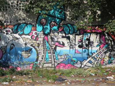 833780 Afbeelding van graffiti met de gestileerde tekst 'STEEN', op de 'akoestischemuurconstructie' (stippeltjeswand) ...
